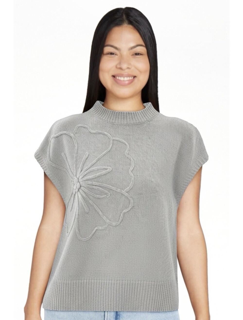 Womens Gray Knit Sweater Vest Small 3D Floral Applique Short Sleeve Pullover
